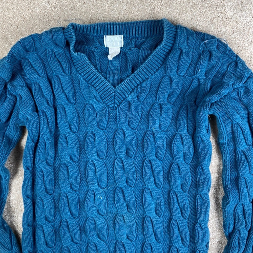 Moda International Teal‎ Blue Cable Knit V-Neck Sweater Womens Small Chunky Knit